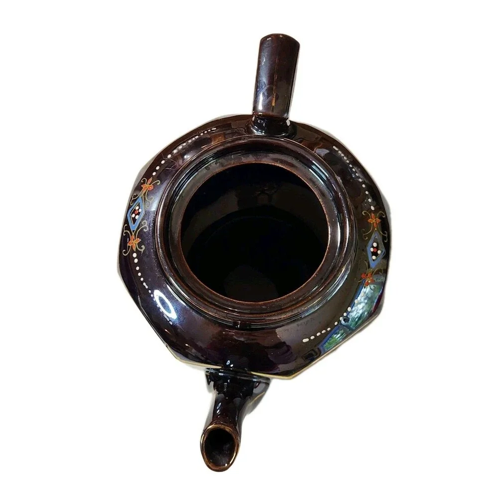Vintage Japanese Teapot Brown Glazed Gold Trim Hand Painted 8 Sided Ceramic